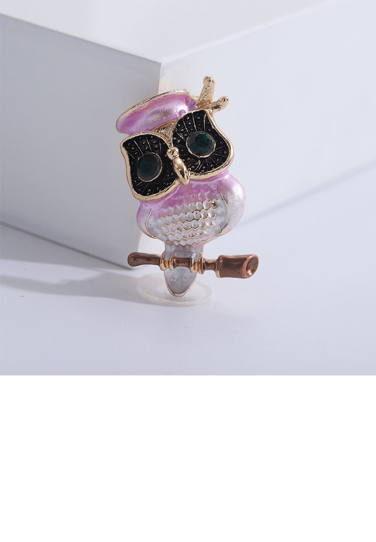 Simple and Lovely Plated Gold Enamel Pink Owl Brooch with Cubic Zirconia - Luxurious Look - Vibrant Color