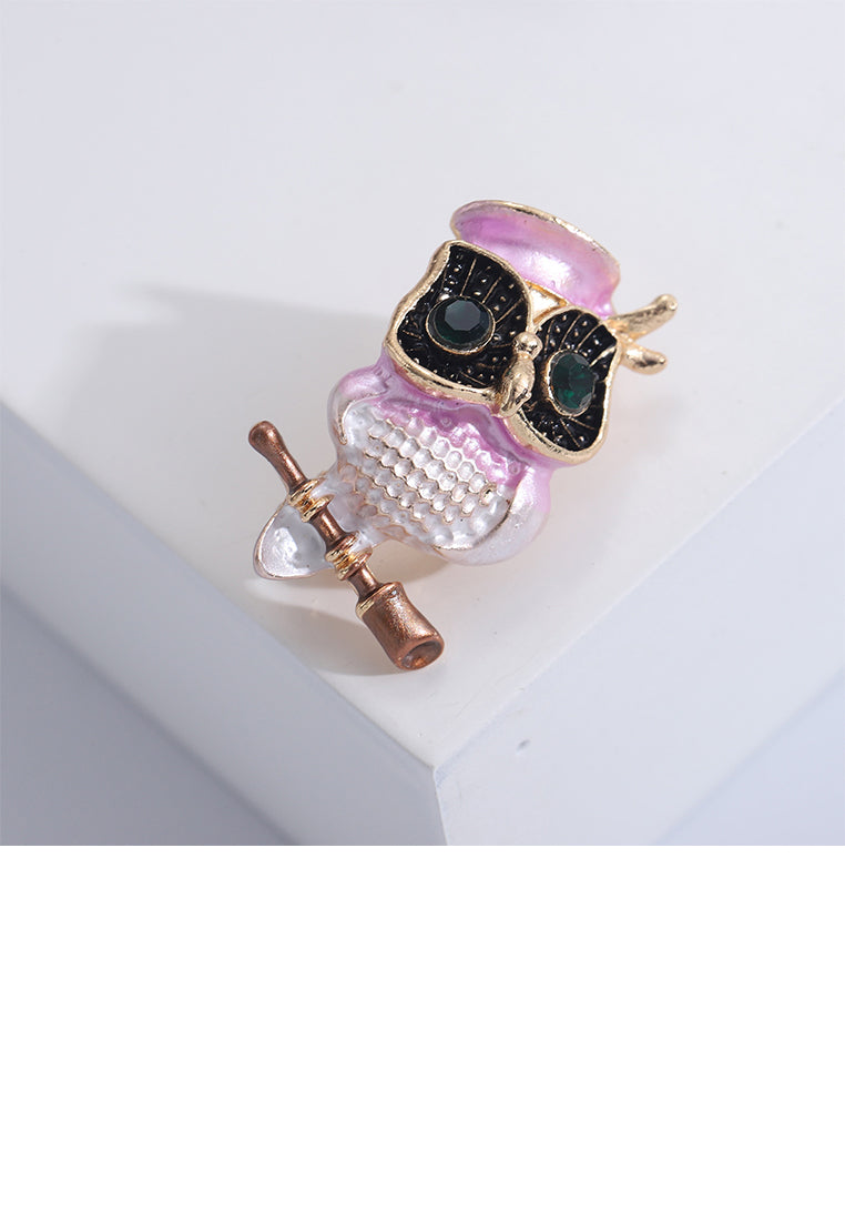 Simple and Lovely Plated Gold Enamel Pink Owl Brooch with Cubic Zirconia - Luxurious Look - Vibrant Color