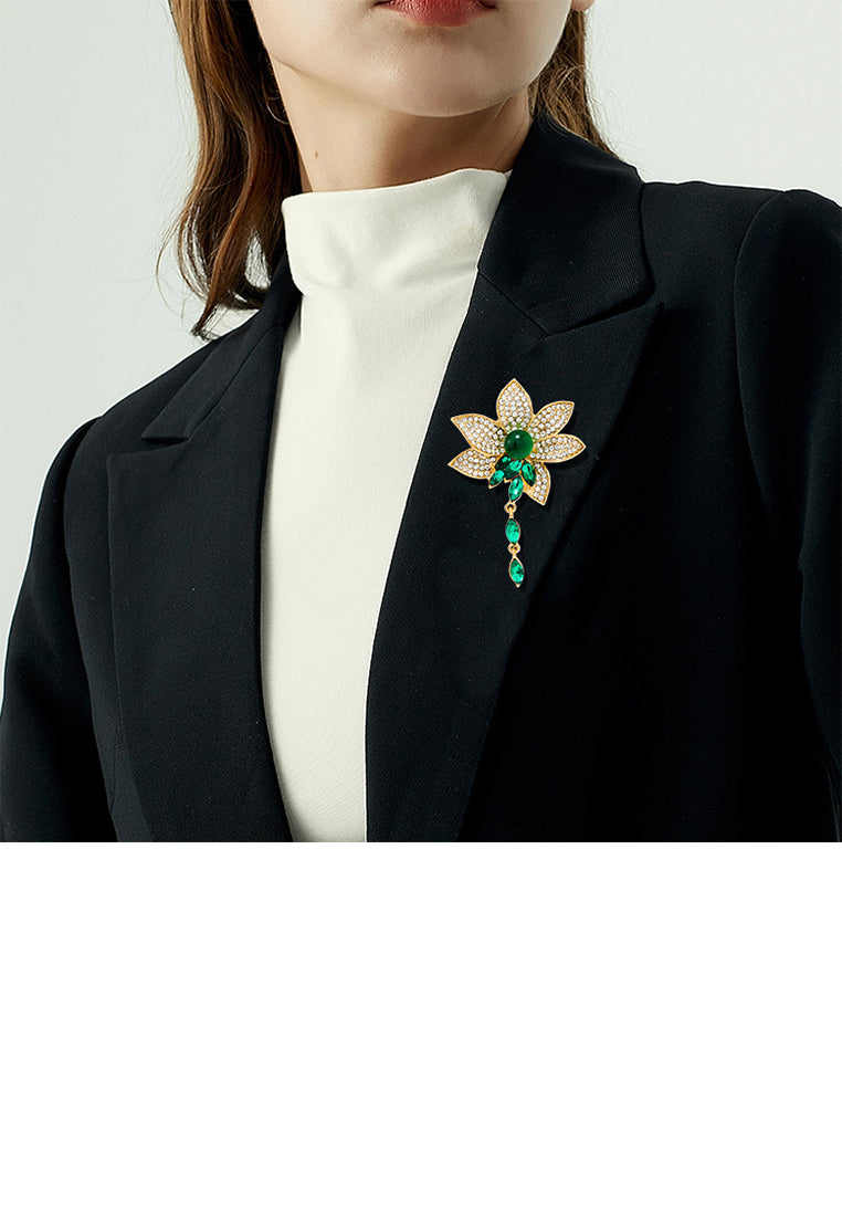 Fashion and Elegant Plated Gold Lotus Tassel Brooch with Cubic Zirconia - Luxurious Look