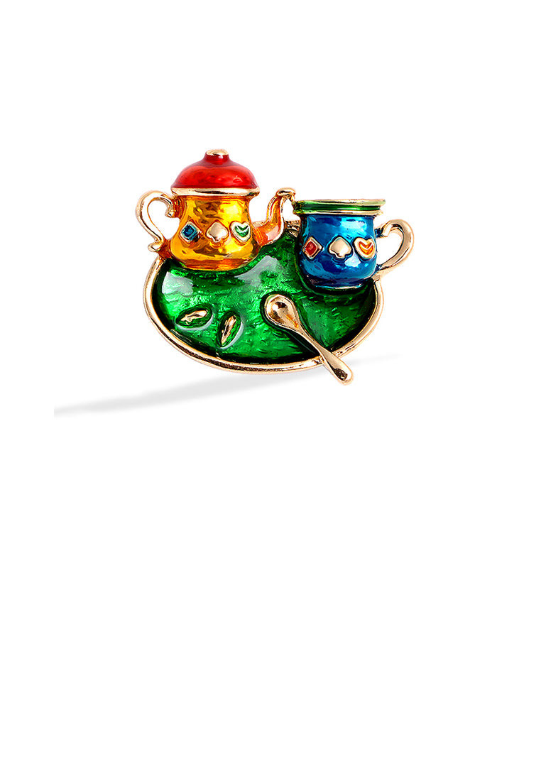 Vintage Fashion Plated Gold Enamel Green Tea Set Tea Cup Brooch
