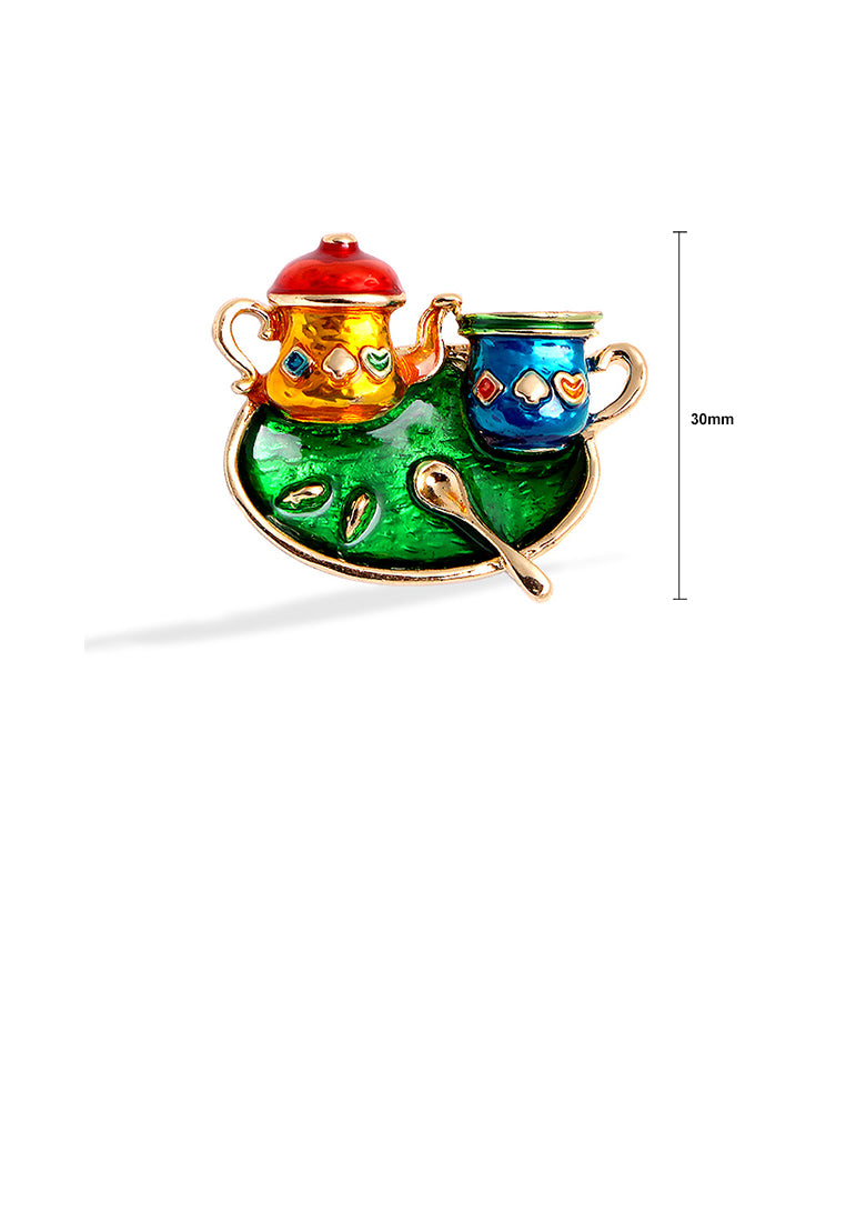 Vintage Fashion Plated Gold Enamel Green Tea Set Tea Cup Brooch