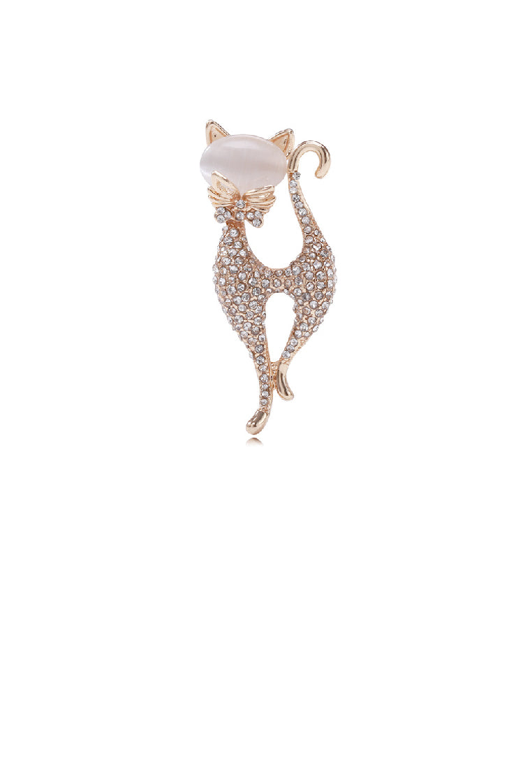 Fashion and Elegant Plated Gold Cat Brooch with Cubic Zirconia - Luxurious Look