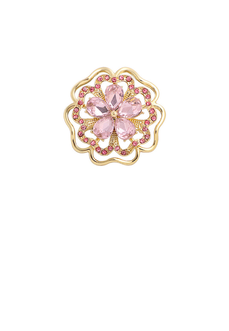 Fashion and Elegant Plated Gold Hollow Flower Brooch with Pink Cubic Zirconia - Luxurious Look - Vibrant Color