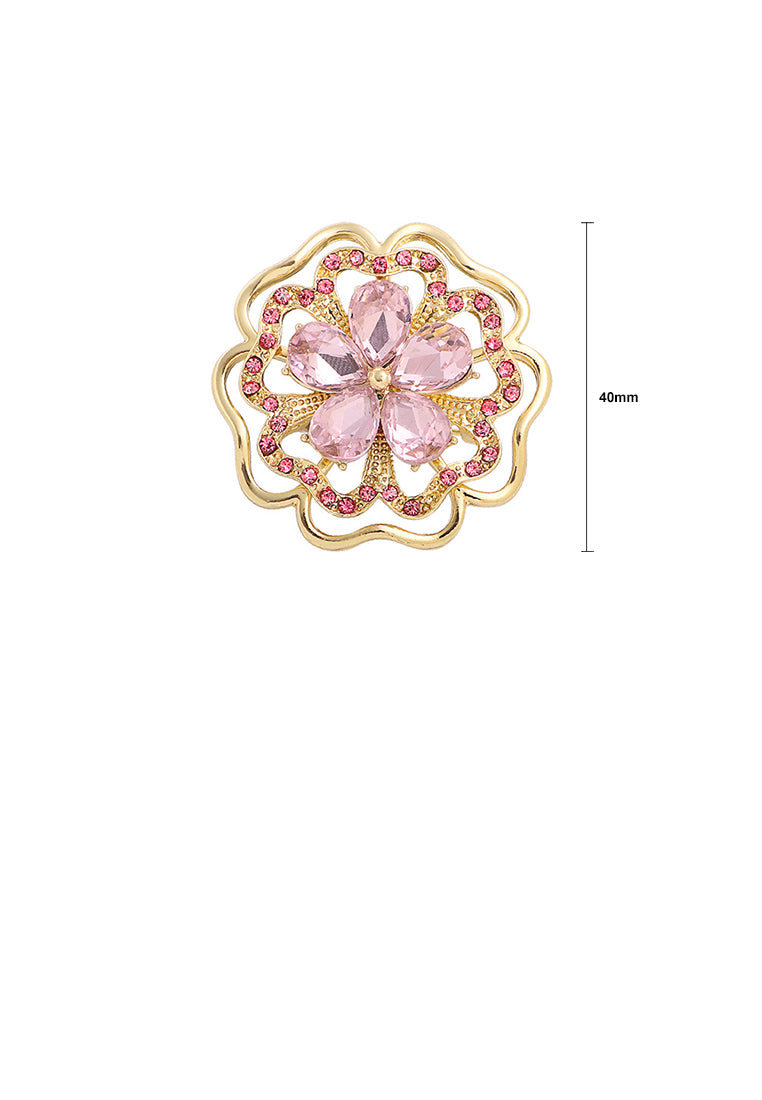 Fashion and Elegant Plated Gold Hollow Flower Brooch with Pink Cubic Zirconia - Luxurious Look - Vibrant Color