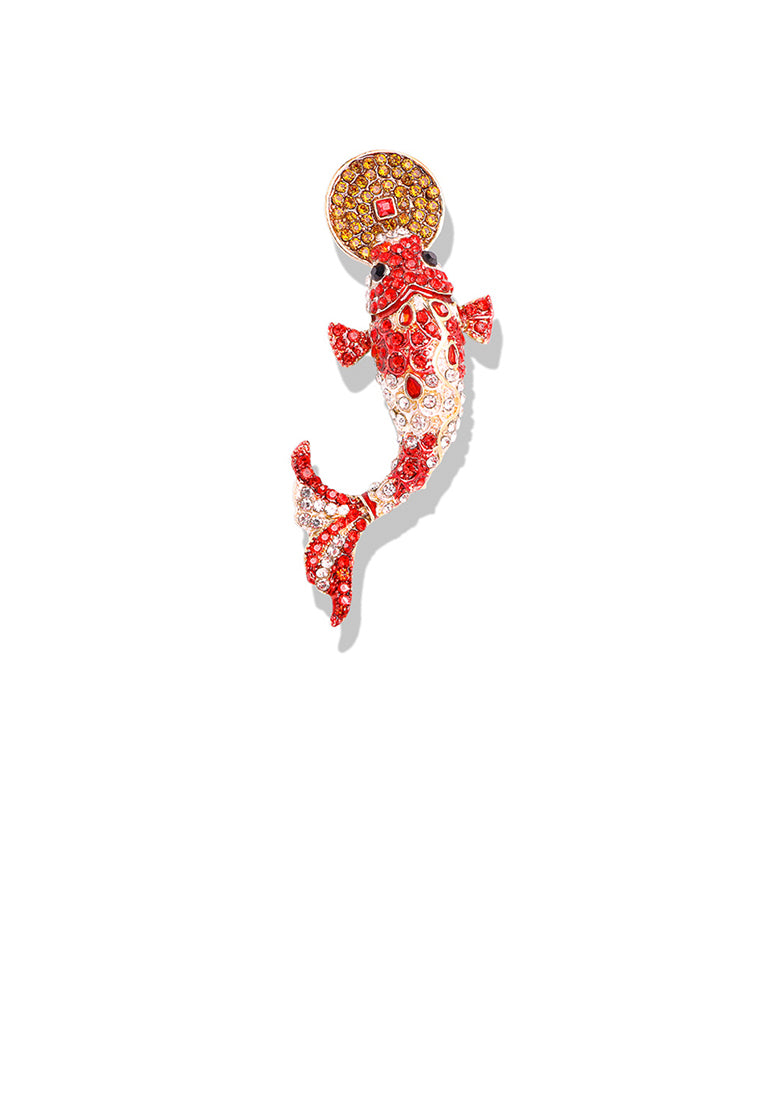 Fashion Vintage Plated Gold Koi Brooch with Red and White Cubic Zirconia - Luxurious Look - Vibrant Color