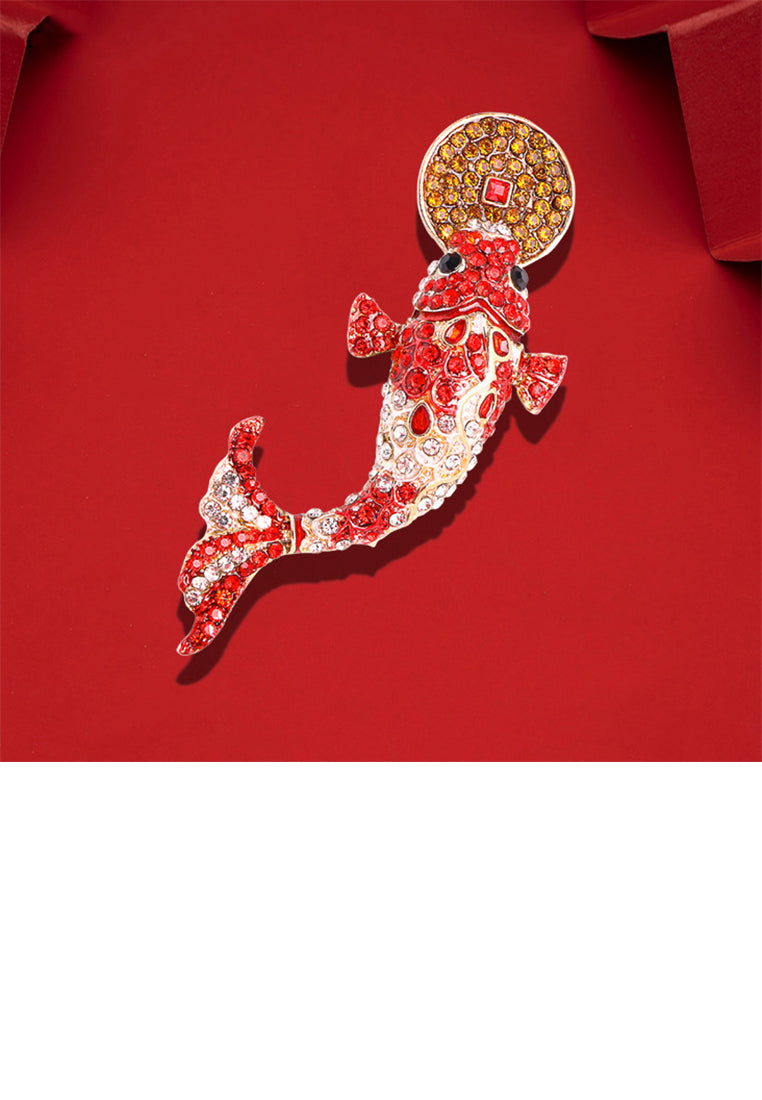 Fashion Vintage Plated Gold Koi Brooch with Red and White Cubic Zirconia - Luxurious Look - Vibrant Color