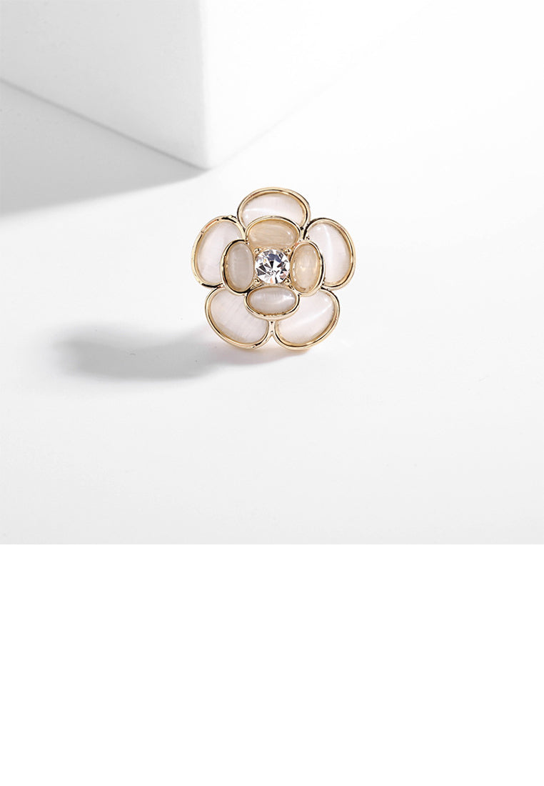 Simple and Delicate Plated Gold Floral Imitation Opal Brooch with Cubic Zirconia - Luxurious Look
