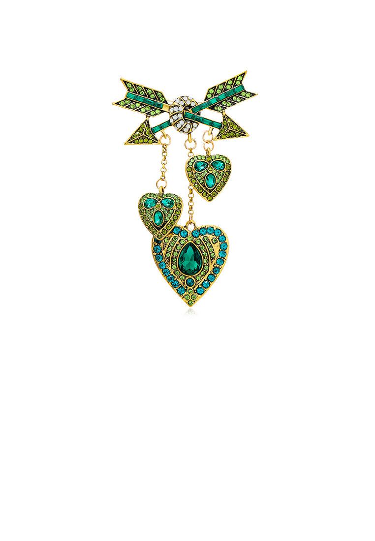 Fashion Vintage Plated Gold Cupid Arrow Heart Tassel Brooch with Green Cubic Zirconia - Luxurious Look