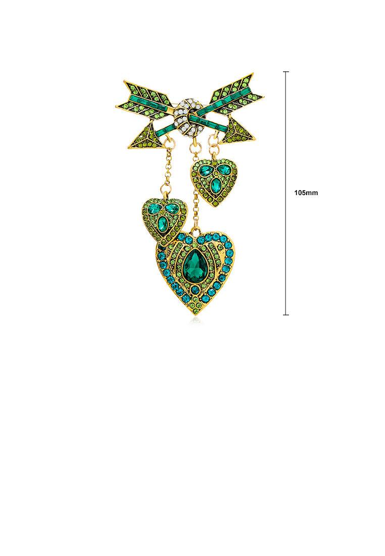 Fashion Vintage Plated Gold Cupid Arrow Heart Tassel Brooch with Green Cubic Zirconia - Luxurious Look
