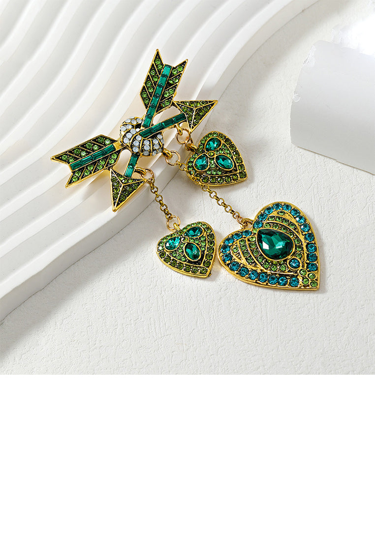 Fashion Vintage Plated Gold Cupid Arrow Heart Tassel Brooch with Green Cubic Zirconia - Luxurious Look