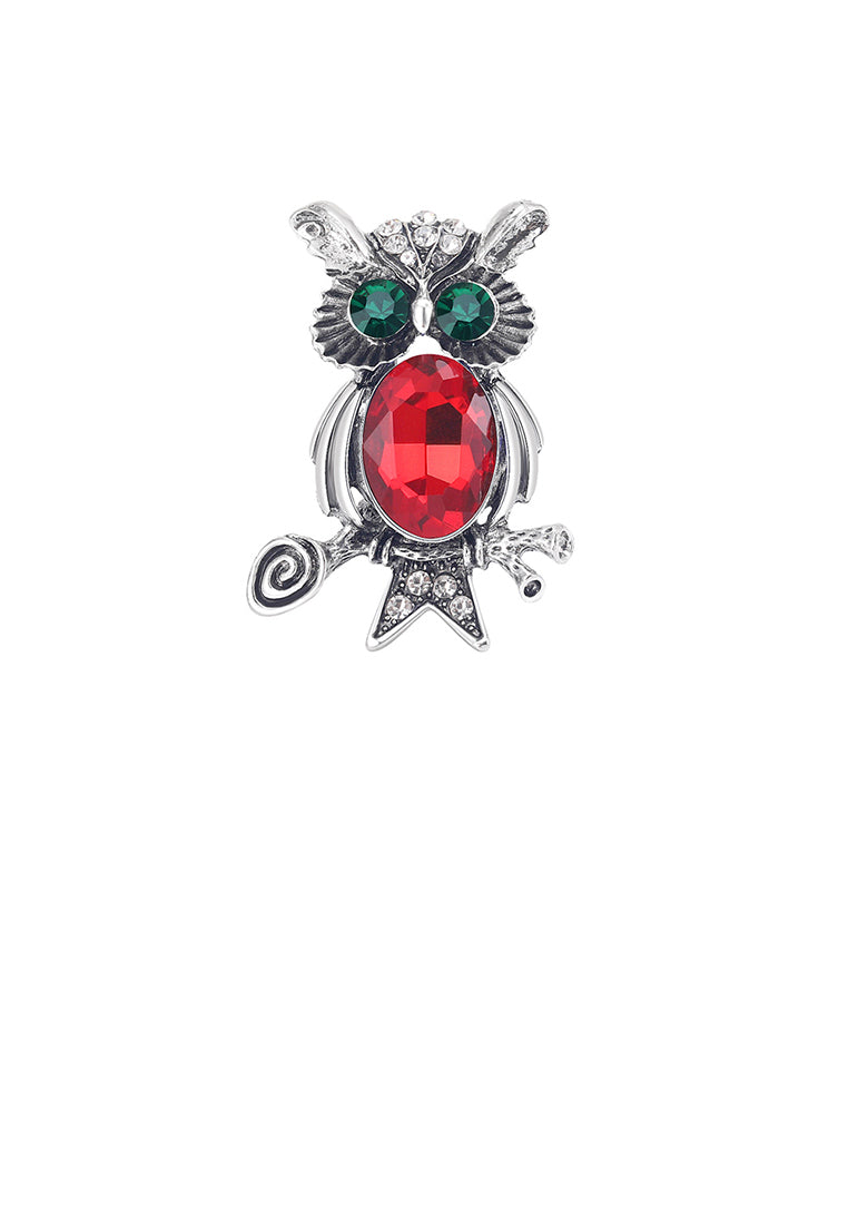 Simple Cute Owl Brooch with Red Cubic Zirconia - Luxurious Look - Vibrant Color