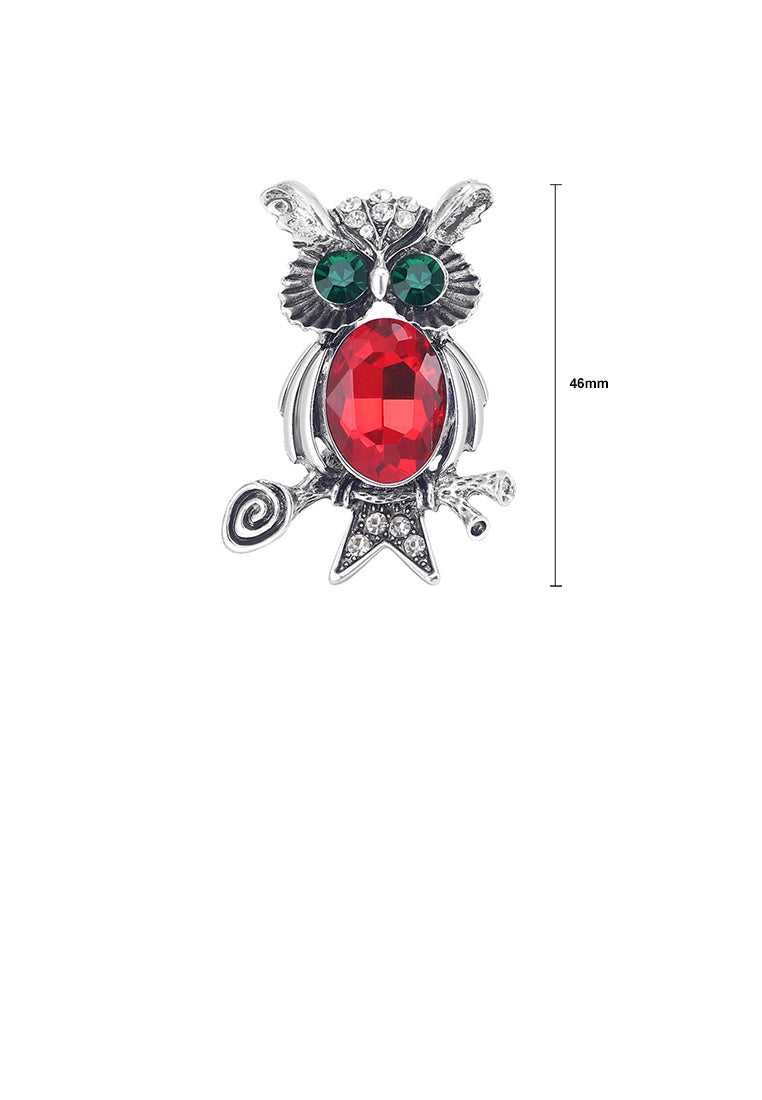 Simple Cute Owl Brooch with Red Cubic Zirconia - Luxurious Look - Vibrant Color