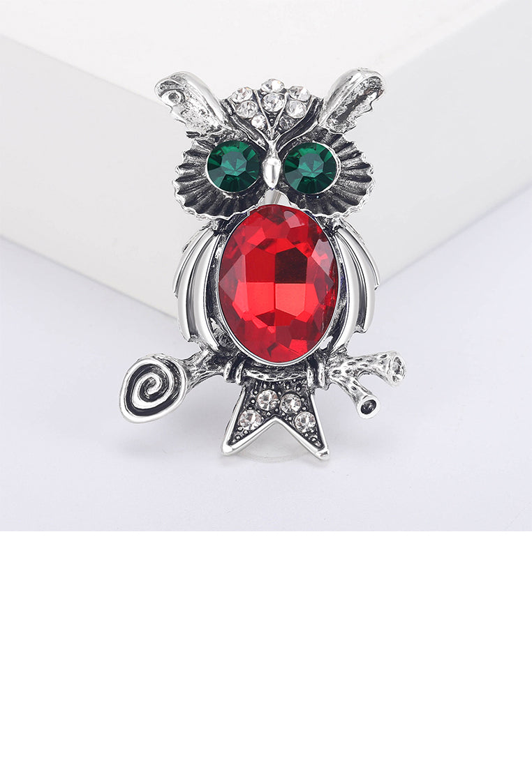 Simple Cute Owl Brooch with Red Cubic Zirconia - Luxurious Look - Vibrant Color