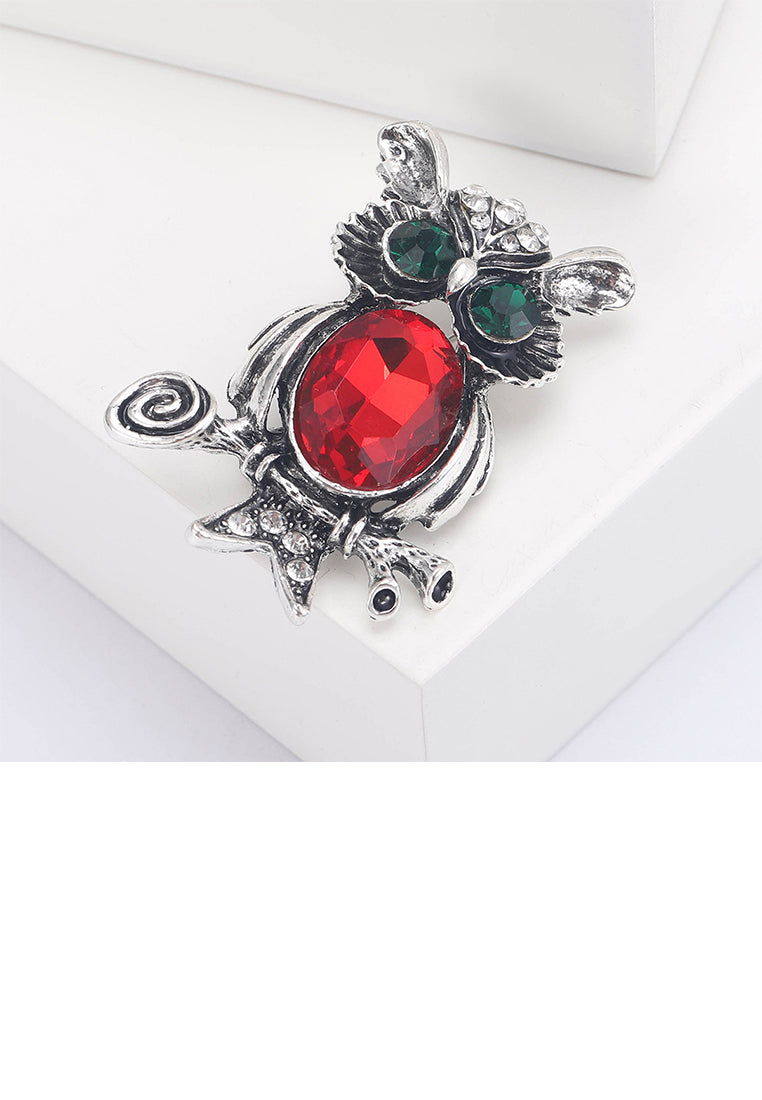 Simple Cute Owl Brooch with Red Cubic Zirconia - Luxurious Look - Vibrant Color