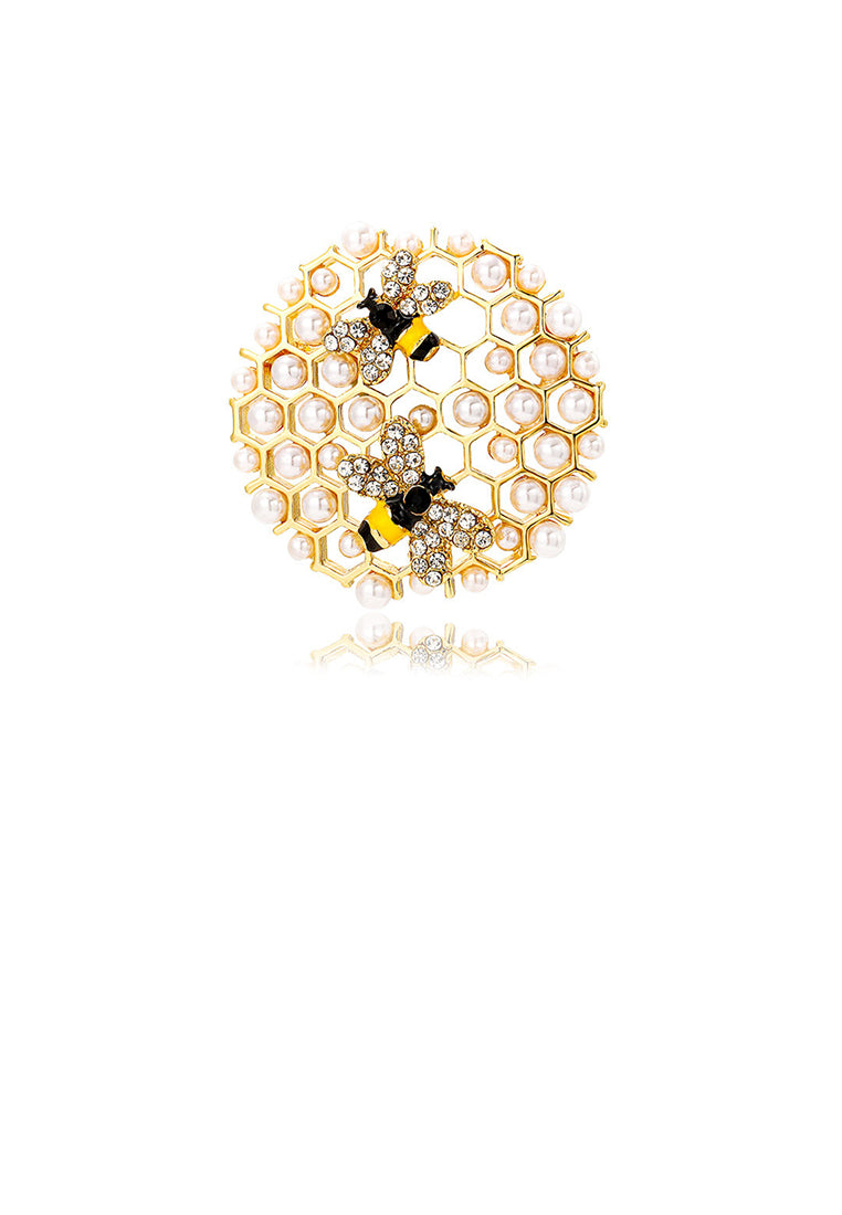 Fashion and Elegant Plated Gold Bee Honeycomb Imitation Pearl Brooch with Cubic Zirconia - Luxurious Look