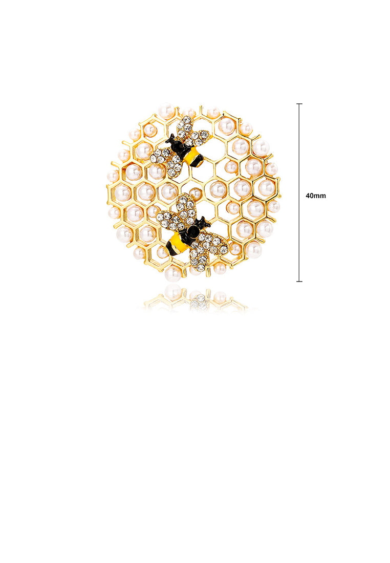 Fashion and Elegant Plated Gold Bee Honeycomb Imitation Pearl Brooch with Cubic Zirconia - Luxurious Look