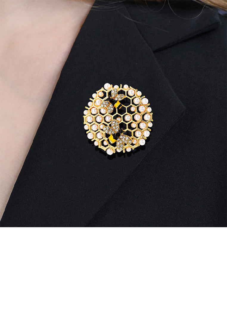 Fashion and Elegant Plated Gold Bee Honeycomb Imitation Pearl Brooch with Cubic Zirconia - Luxurious Look