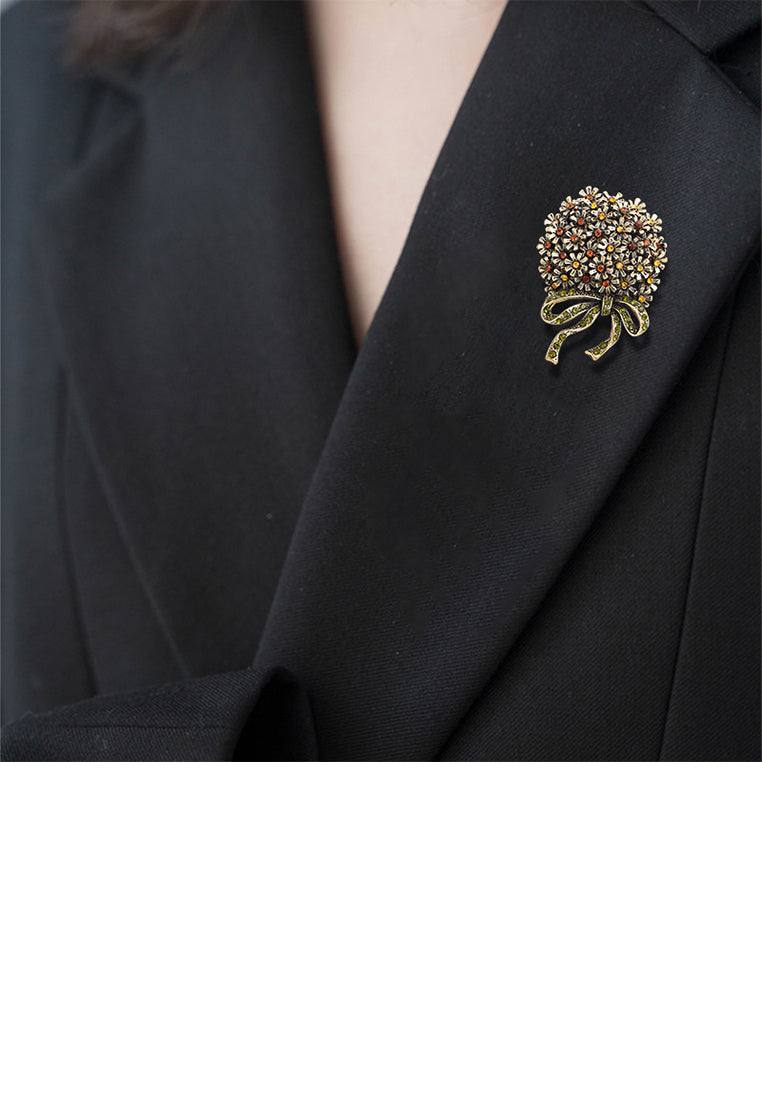 Fashion and Elegant Plated Gold Bouquet Brooch with Cubic Zirconia - Luxurious Look