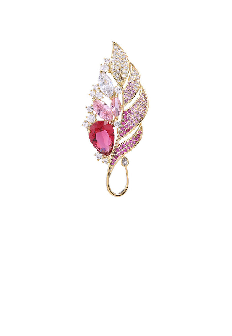 Fashion and Elegant Plated Gold Feather Brooch with Red Cubic Zirconia - Luxurious Look - Vibrant Color