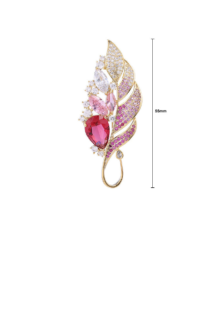 Fashion and Elegant Plated Gold Feather Brooch with Red Cubic Zirconia - Luxurious Look - Vibrant Color