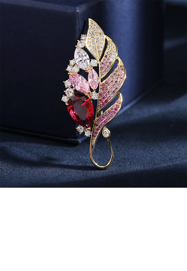 Fashion and Elegant Plated Gold Feather Brooch with Red Cubic Zirconia - Luxurious Look - Vibrant Color