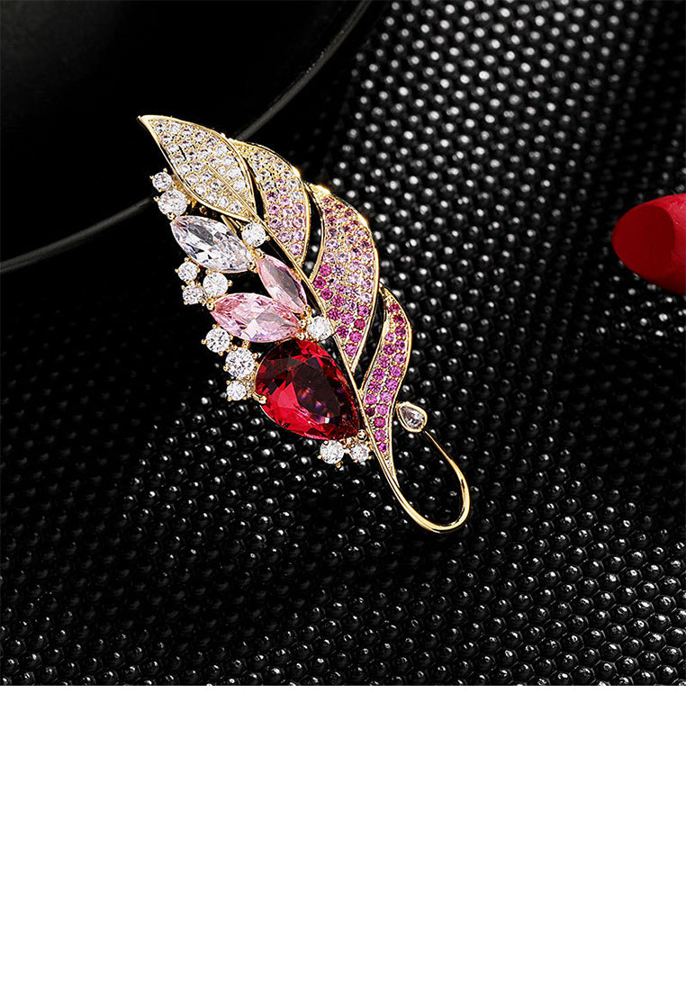 Fashion and Elegant Plated Gold Feather Brooch with Red Cubic Zirconia - Luxurious Look - Vibrant Color