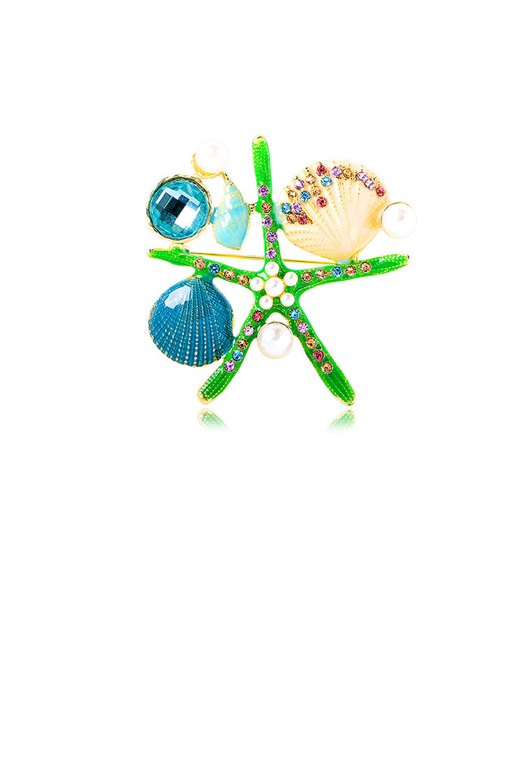 Fashion and Elegant Plated Gold Enamel Starfish Shell Imitation Pearl Brooch with Cubic Zirconia - Luxurious Look