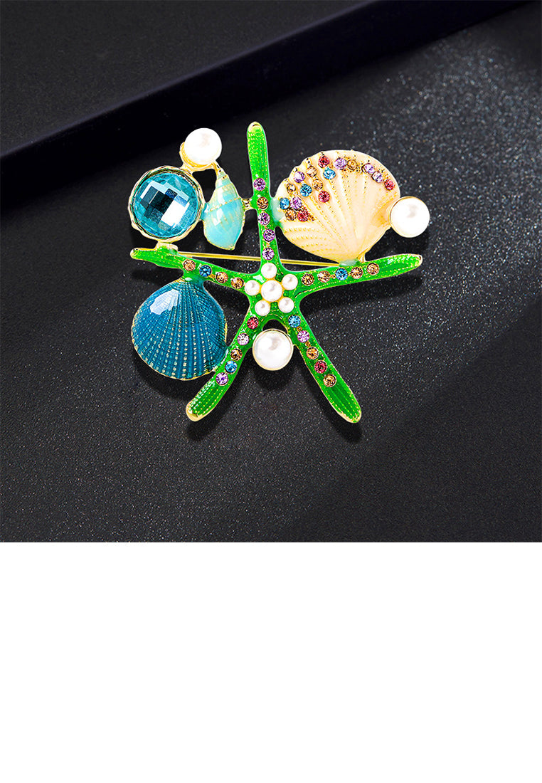 Fashion and Elegant Plated Gold Enamel Starfish Shell Imitation Pearl Brooch with Cubic Zirconia - Luxurious Look