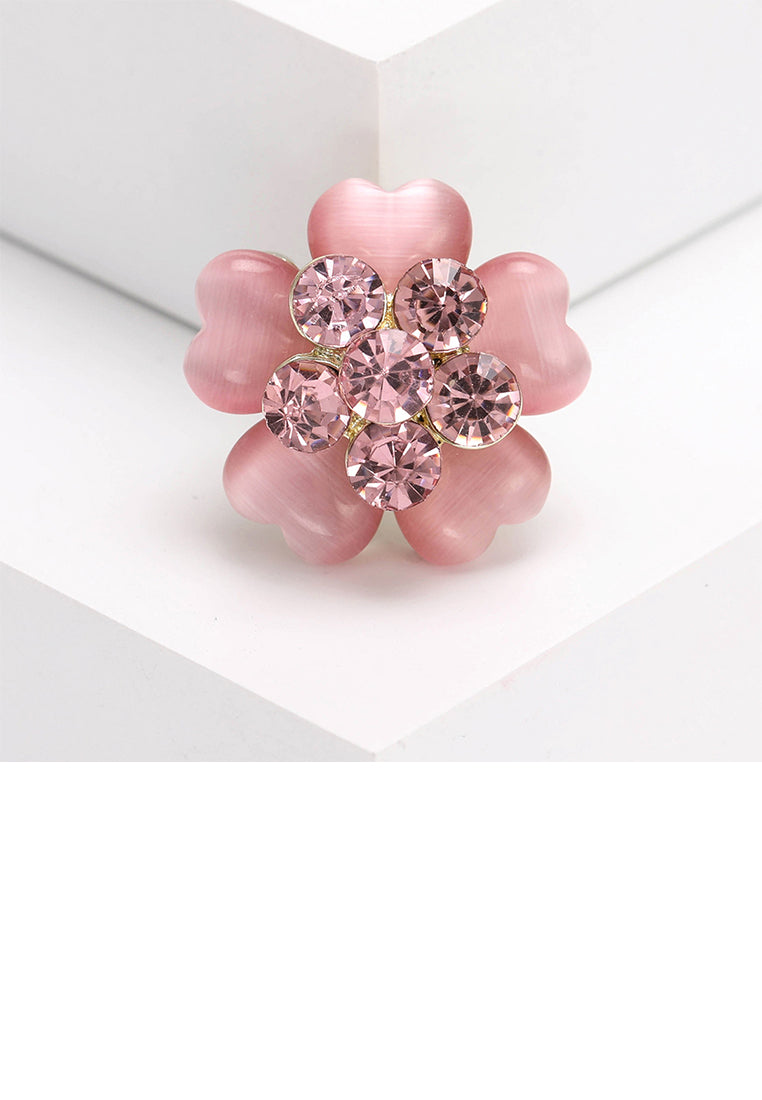 Fashion Simple Plated Gold Pink Flower Imitation Opal Brooch with Cubic Zirconia - Luxurious Look - Vibrant Color