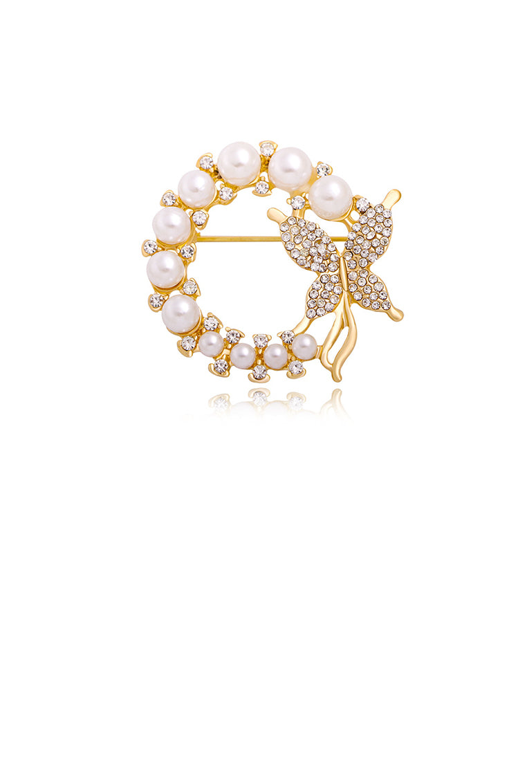 Fashion Temperament Plated Gold Butterfly Wreath Imitation Pearl Brooch with Cubic Zirconia - Luxurious Look