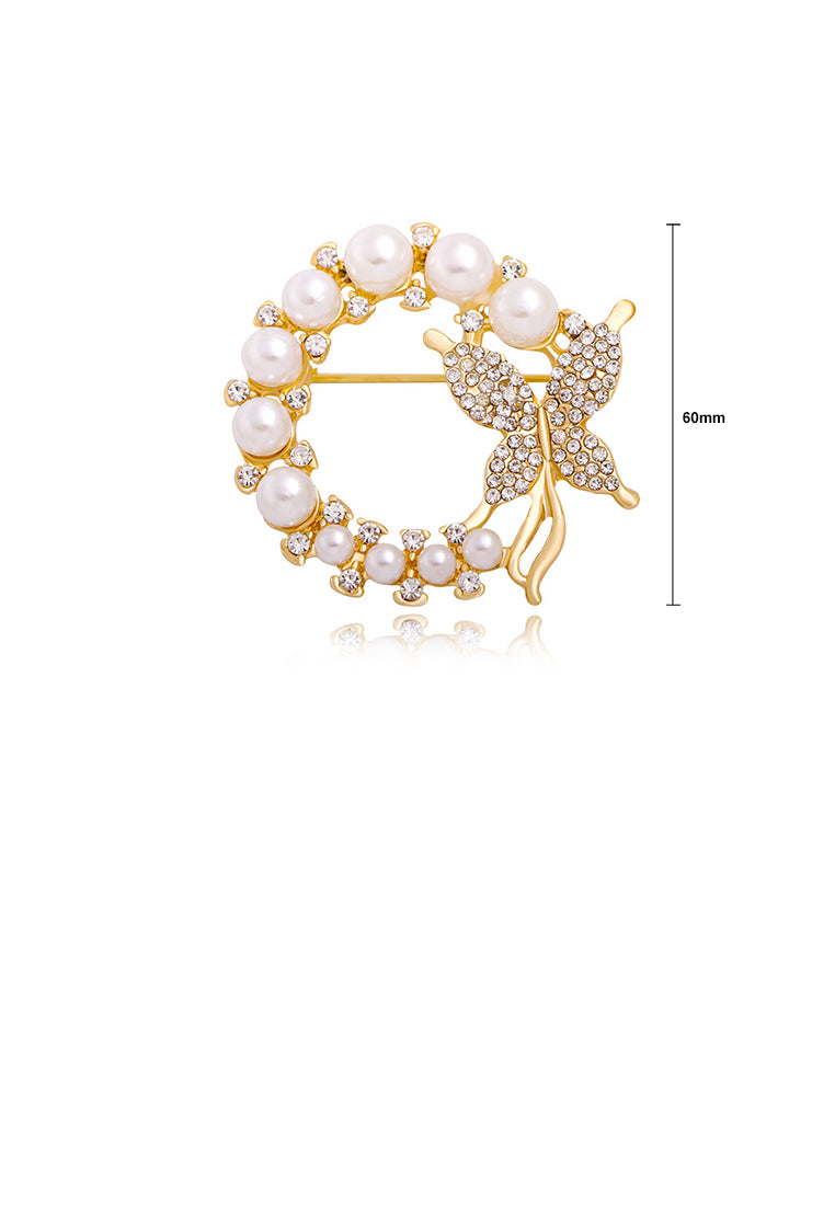 Fashion Temperament Plated Gold Butterfly Wreath Imitation Pearl Brooch with Cubic Zirconia - Luxurious Look