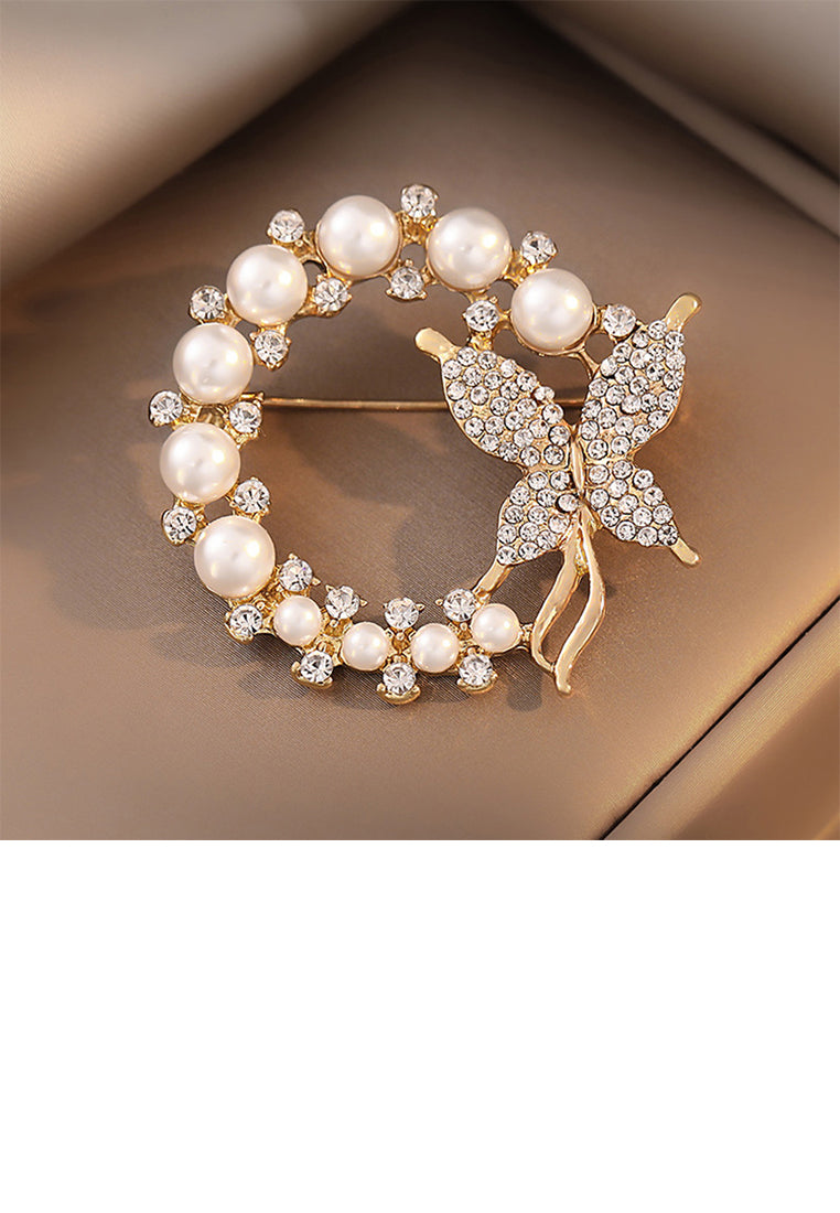 Fashion Temperament Plated Gold Butterfly Wreath Imitation Pearl Brooch with Cubic Zirconia - Luxurious Look