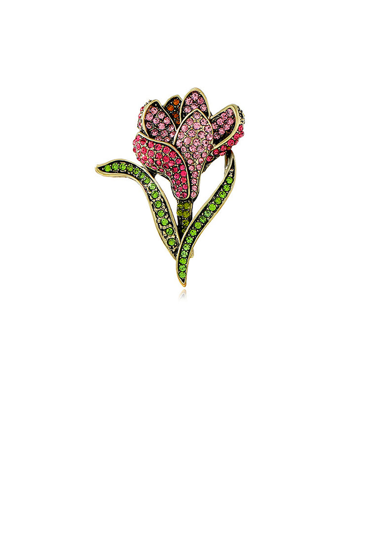 Fashion Simple Plated Gold Tulip Brooch with Red Cubic Zirconia - Luxurious Look - Vibrant Color