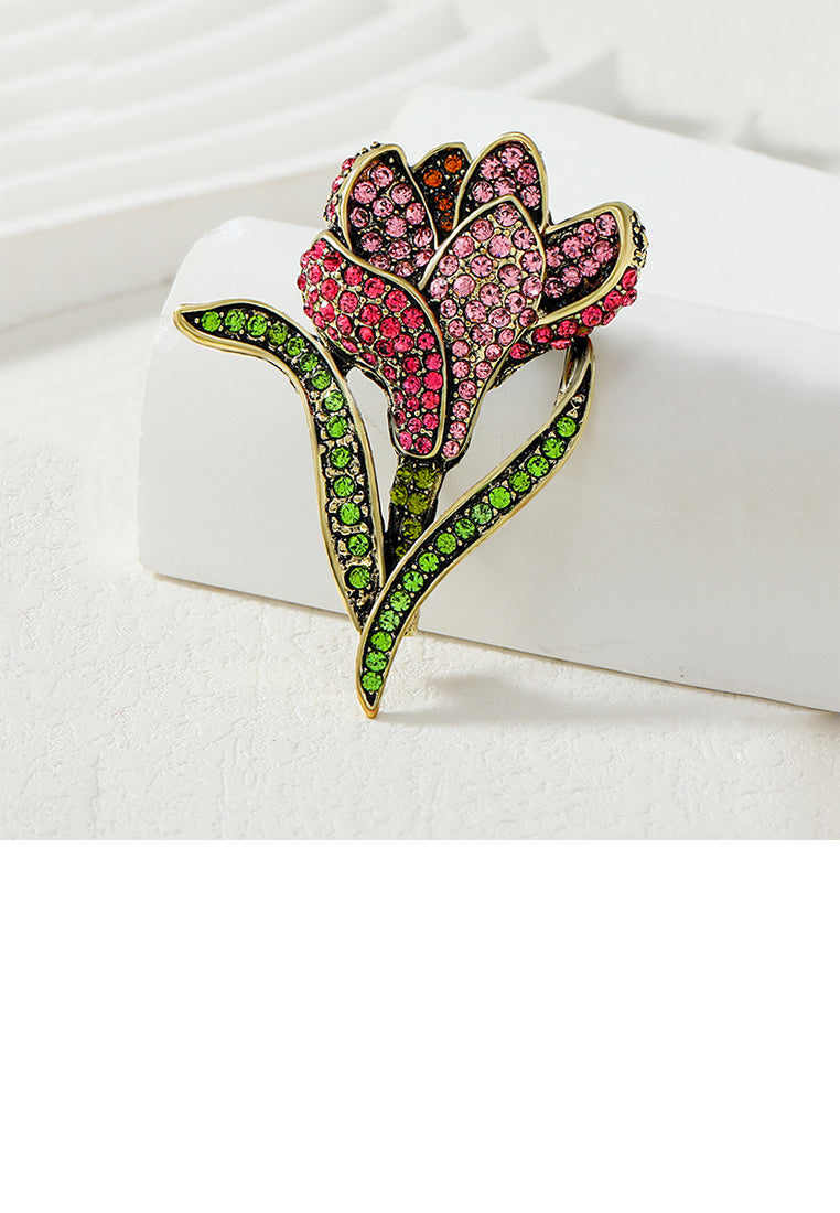 Fashion Simple Plated Gold Tulip Brooch with Red Cubic Zirconia - Luxurious Look - Vibrant Color