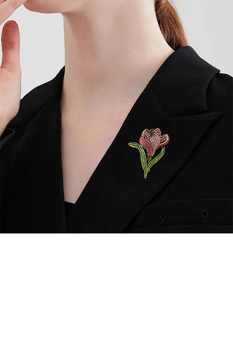 Fashion Simple Plated Gold Tulip Brooch with Red Cubic Zirconia - Luxurious Look - Vibrant Color