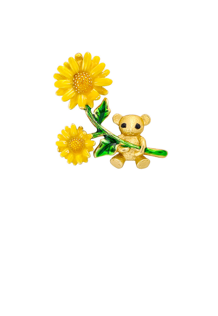 Fashion and Cute Plated Gold Enamel Yellow Flower Bear Brooch