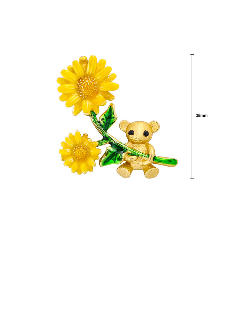 Fashion and Cute Plated Gold Enamel Yellow Flower Bear Brooch