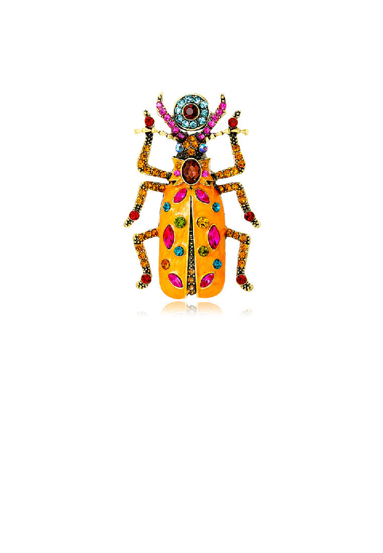 Fashion Vintage Plated Gold Enamel Orange Beetle Brooch with Cubic Zirconia - Luxurious Look