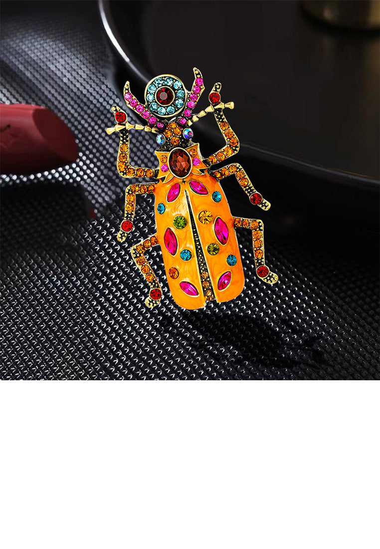 Fashion Vintage Plated Gold Enamel Orange Beetle Brooch with Cubic Zirconia - Luxurious Look