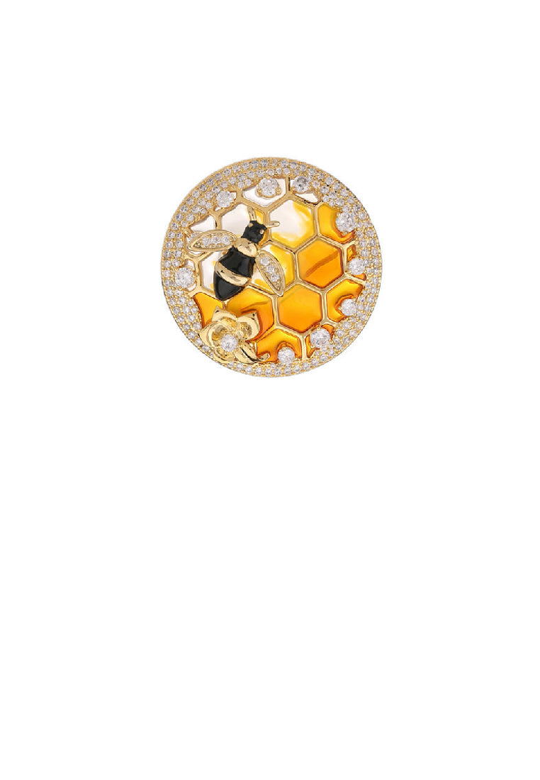 Fashion Simple Plated Gold Bee Honeycomb Round Brooch with Cubic Zirconia - Luxurious Look