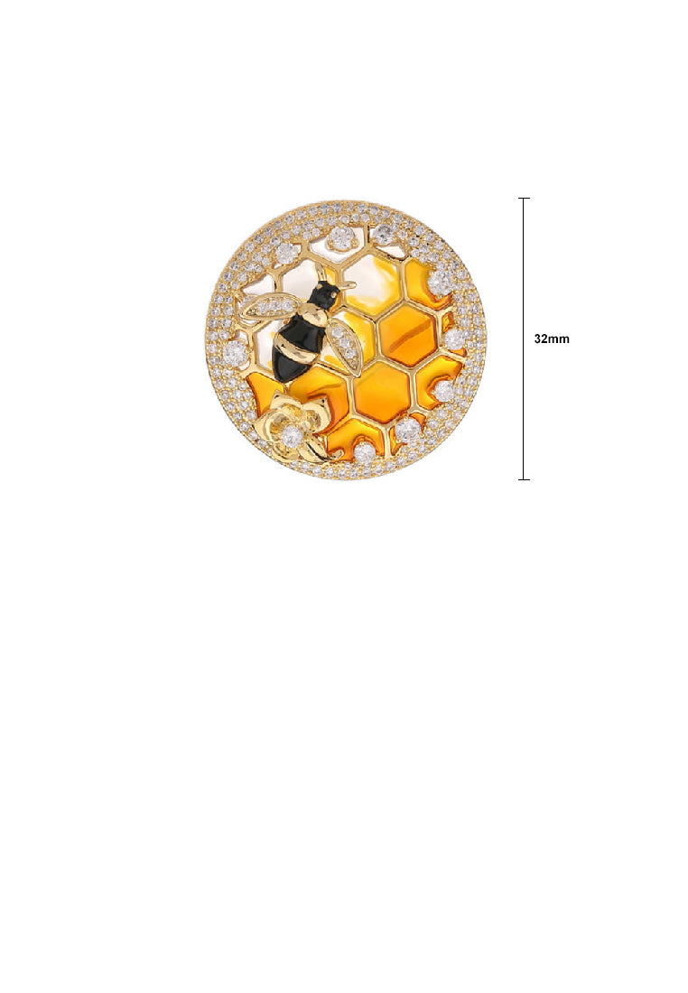Fashion Simple Plated Gold Bee Honeycomb Round Brooch with Cubic Zirconia - Luxurious Look