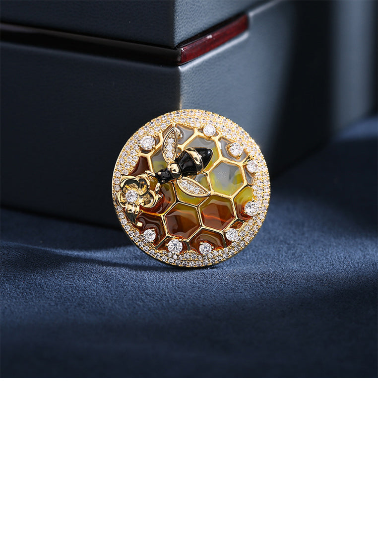 Fashion Simple Plated Gold Bee Honeycomb Round Brooch with Cubic Zirconia - Luxurious Look
