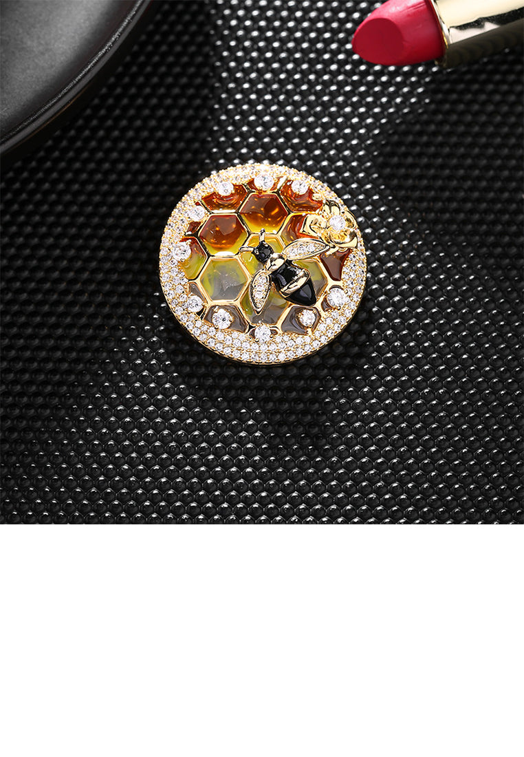 Fashion Simple Plated Gold Bee Honeycomb Round Brooch with Cubic Zirconia - Luxurious Look