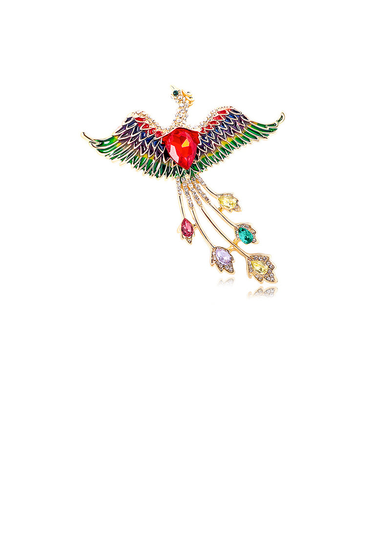 Fashion and Elegant Plated Gold Enamel Colorful Phoenix Brooch with Cubic Zirconia - Luxurious Look