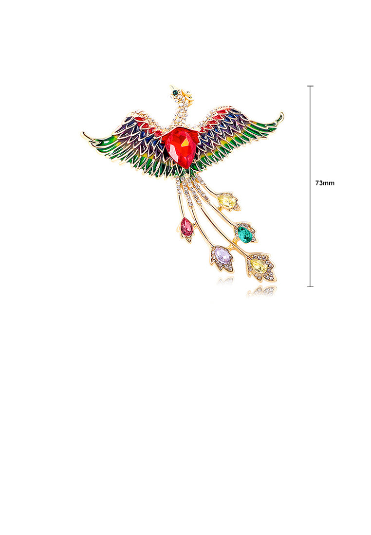 Fashion and Elegant Plated Gold Enamel Colorful Phoenix Brooch with Cubic Zirconia - Luxurious Look