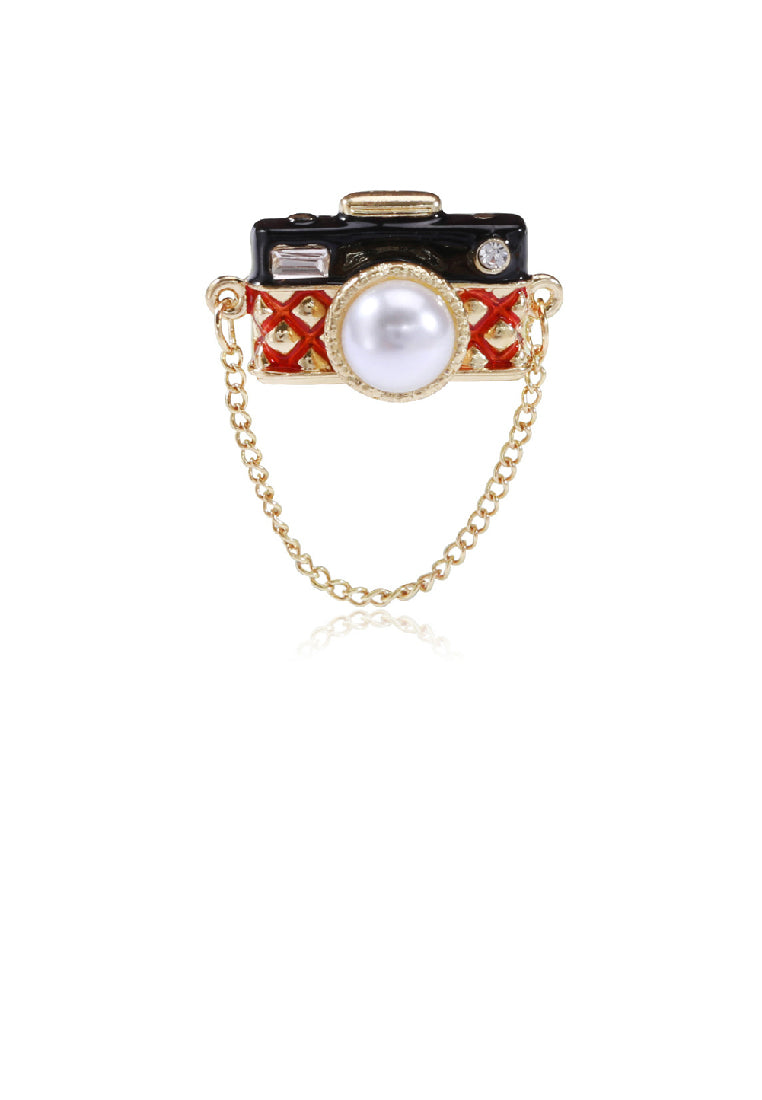Fashion Creative Plated Gold Camera Tassel Chain Imitation Pearl Brooch - Luxurious Look