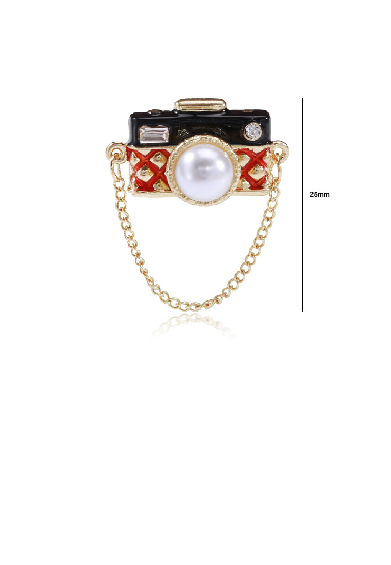 Fashion Creative Plated Gold Camera Tassel Chain Imitation Pearl Brooch - Luxurious Look