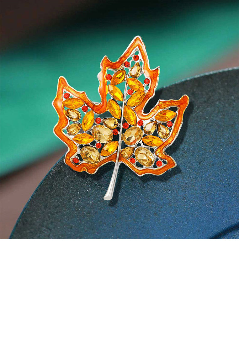 Fashion and Elegant Hollow Maple Leaf Brooch with Yellow Cubic Zirconia - Luxurious Look
