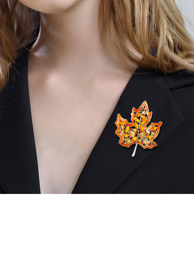 Fashion and Elegant Hollow Maple Leaf Brooch with Yellow Cubic Zirconia - Luxurious Look