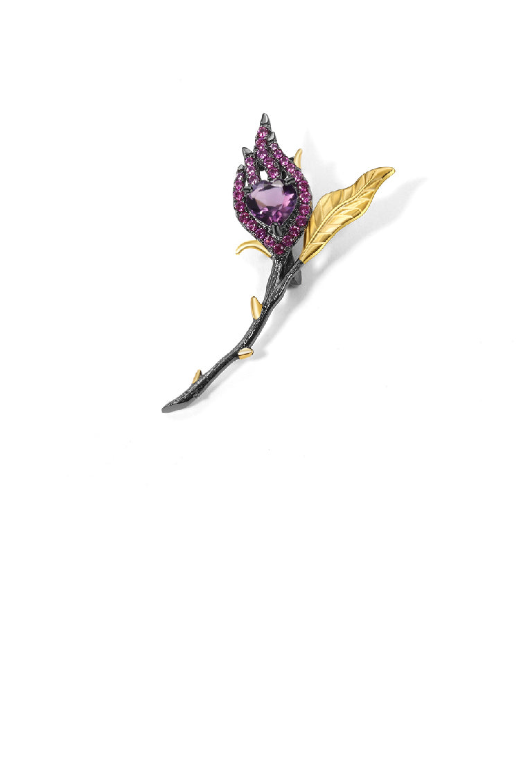 925 Sterling Silver Plated Black Fashion Temperament Floral Amethyst Brooch with Cubic Zirconia - Luxurious Look